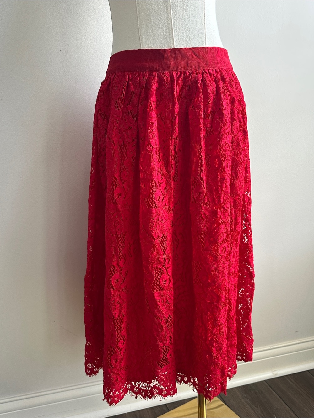 FRNCH Paris Red Lace Lined Midi Skirt Women M Whimsical Boho‎ Goth Romantic